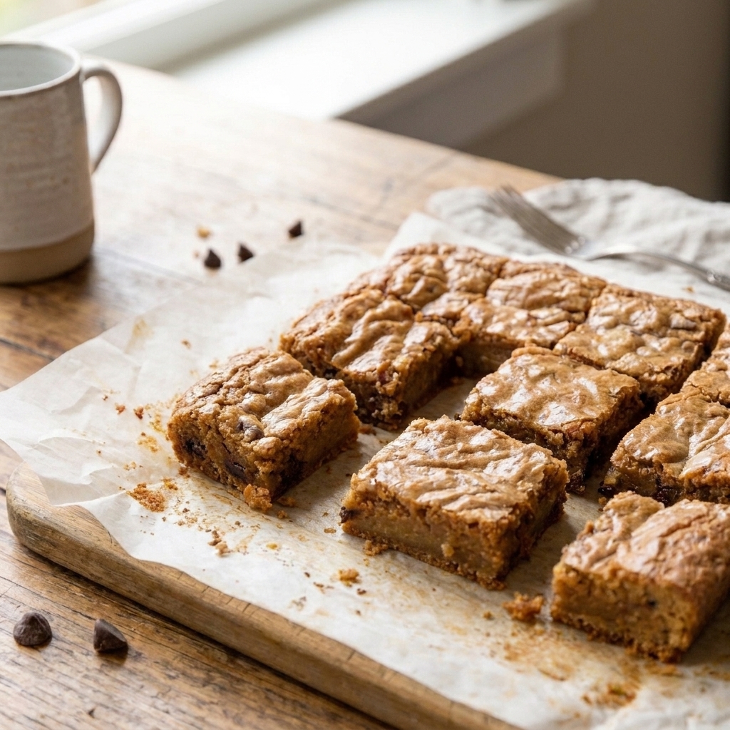 Several blondie squares resting on parchment paper with a few crumbs scattered, photographed on a kitchen counter