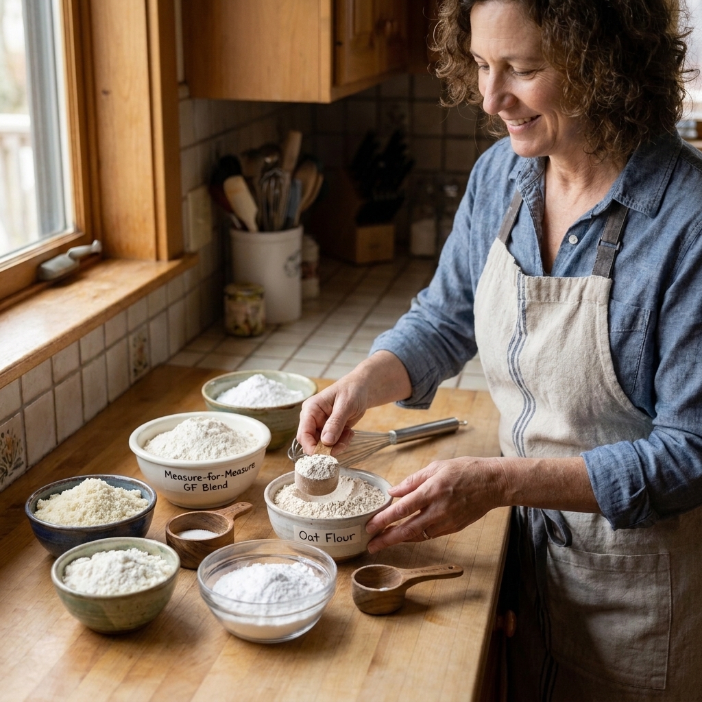 Several small bowls on a baking counter holding different gluten-free flour blends, including a measure-for-measure blend and oat flour, staged for baking