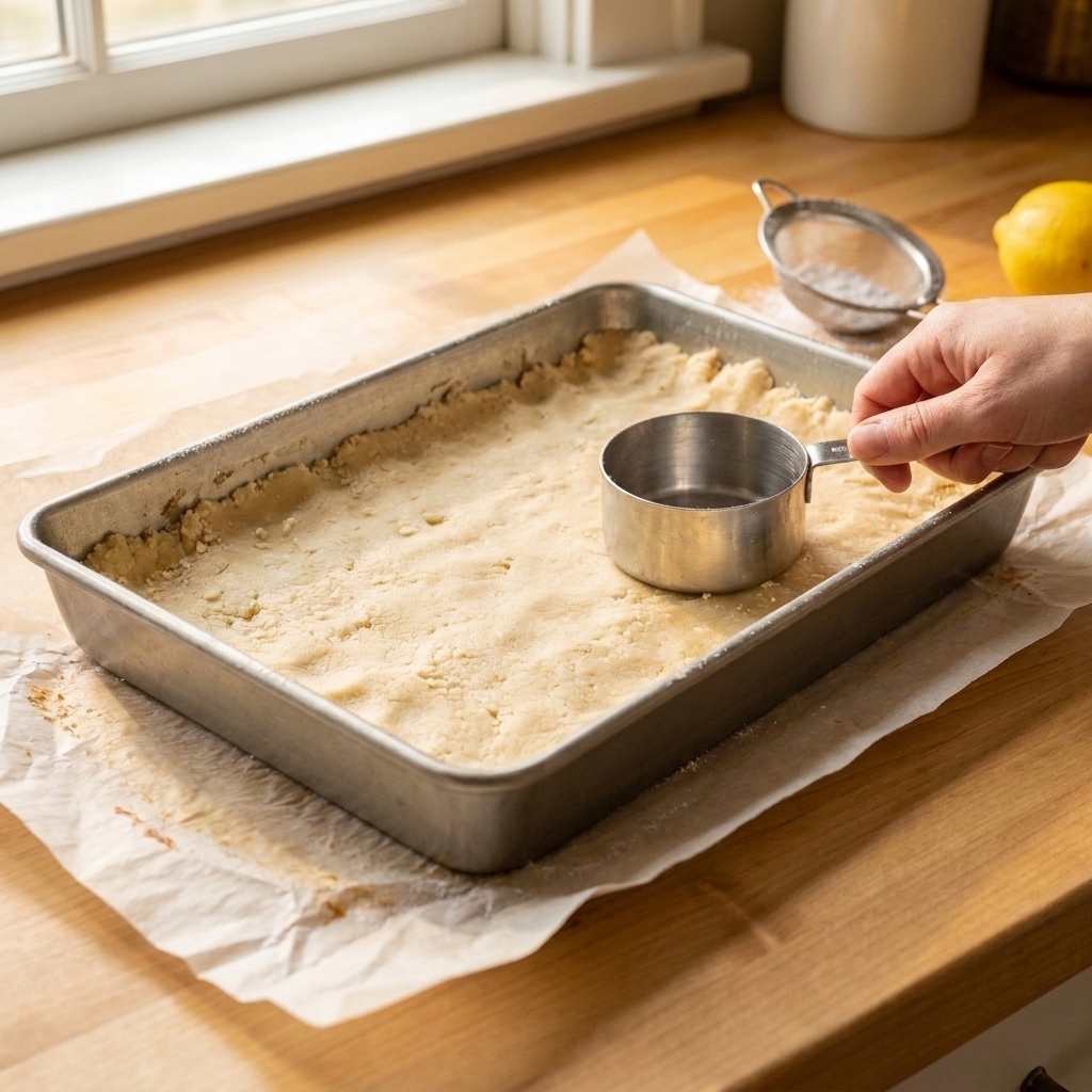 Shortbread crust dough pressed evenly into a metal baking pan with the bottom of a measuring cup