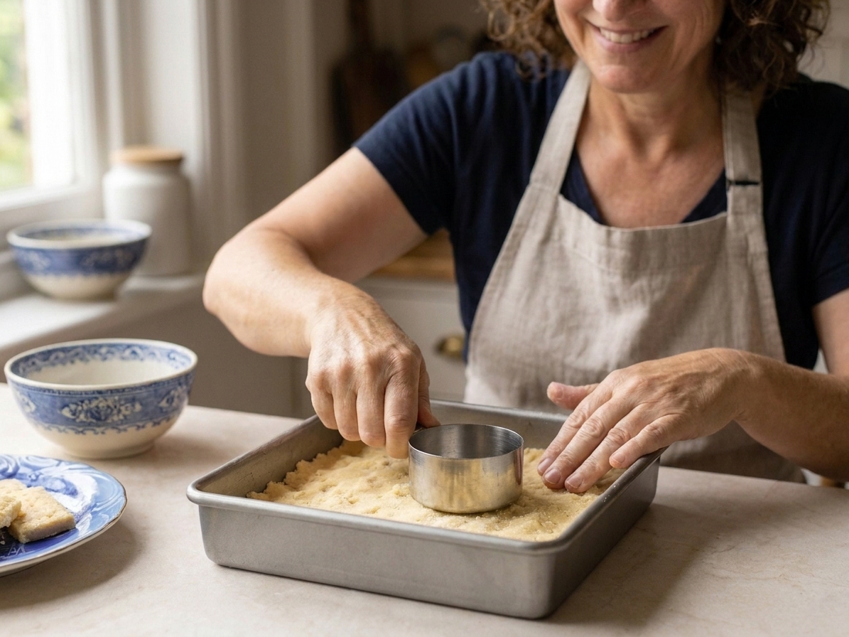 Shortbread dough being pressed into a metal baking pan using the flat bottom of a measuring cup