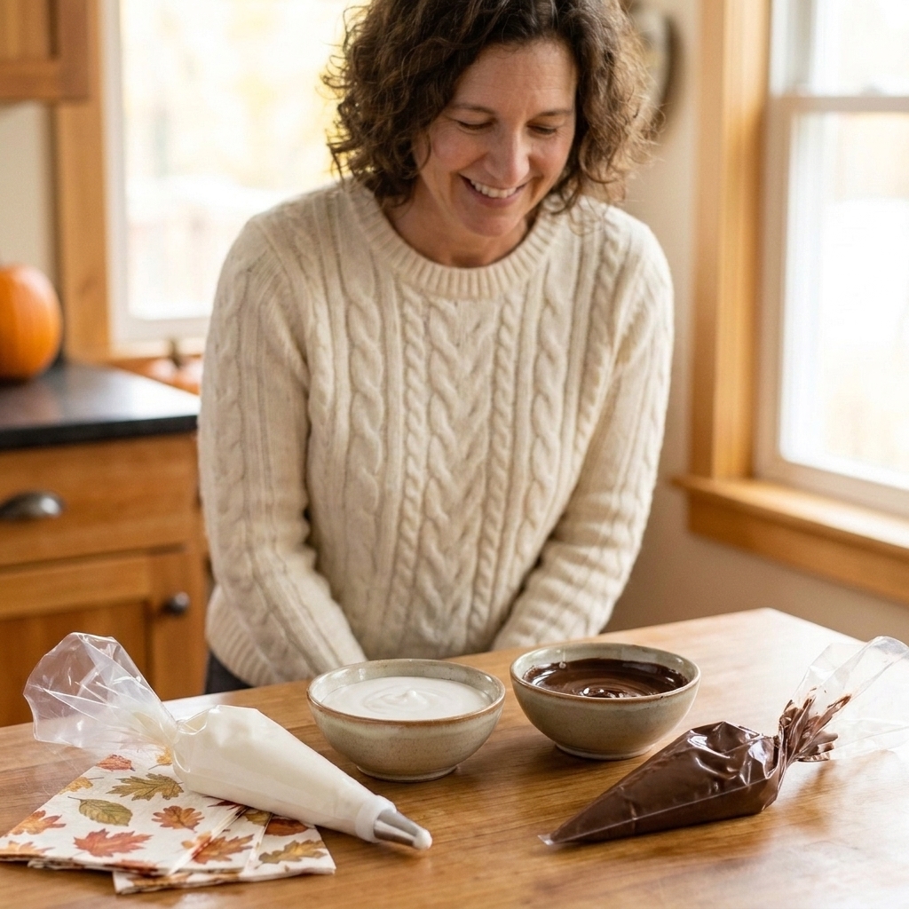 Small bowls holding white icing and melted chocolate on a kitchen counter with piping bags