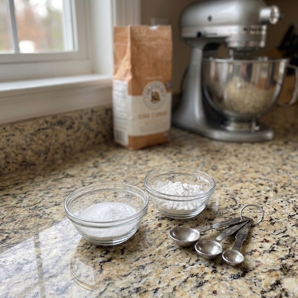 Small glass bowls holding baking soda and baking powder on a kitchen counter next to measuring spoons