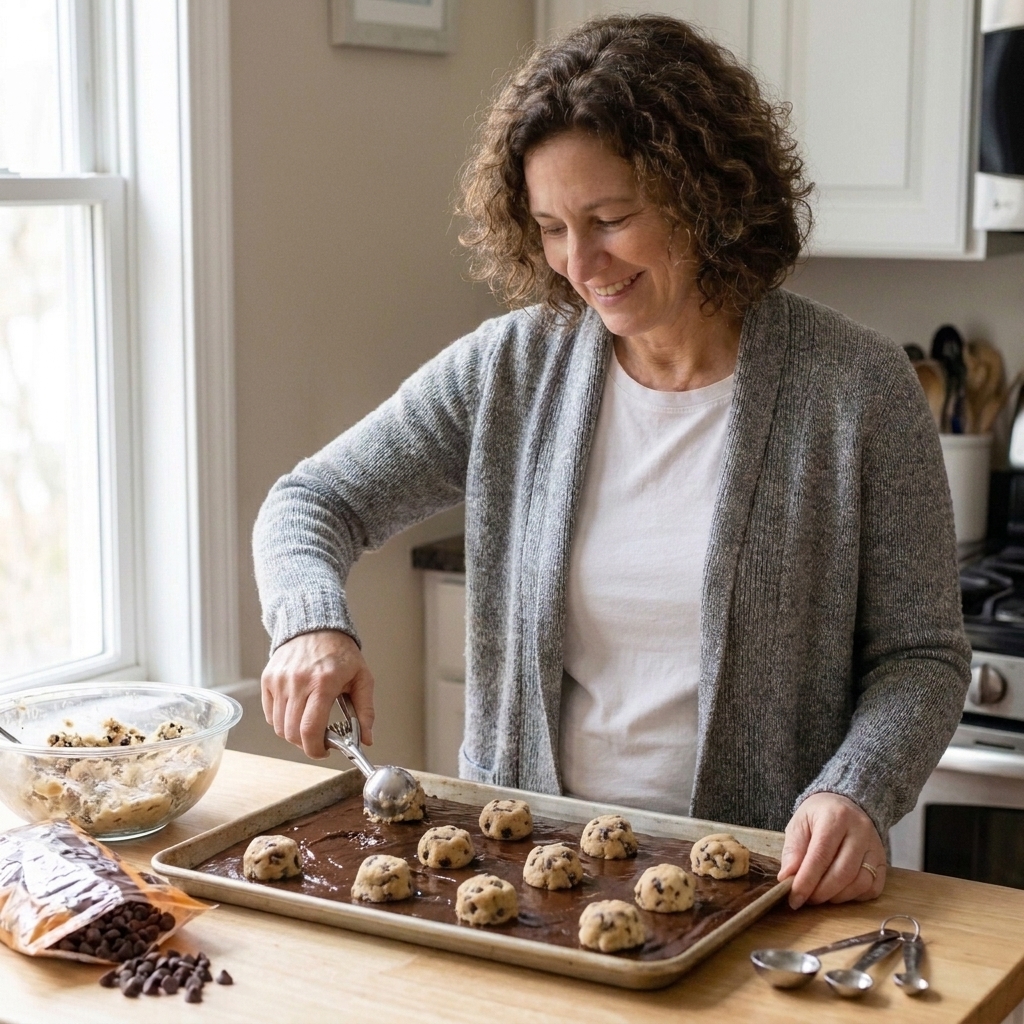 Small scoops of cookie dough dotted evenly over a pan of glossy brownie batter before baking