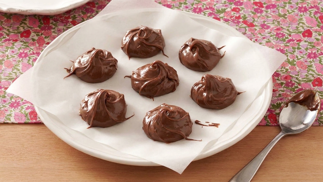 Spoonfuls of Nutella portioned onto a parchment-lined plate, ready to be frozen into firm filling pieces