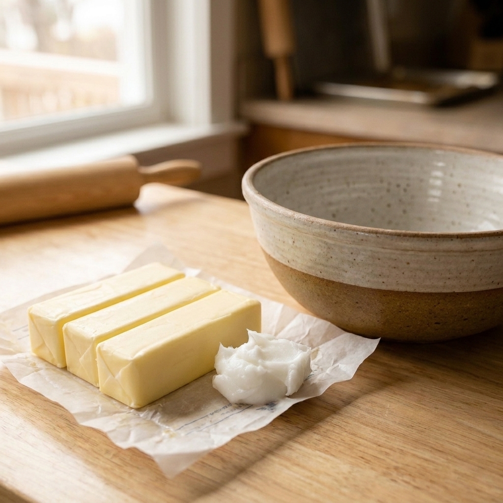 Sticks of butter and a scoop of vegetable shortening on parchment paper beside a mixing bowl