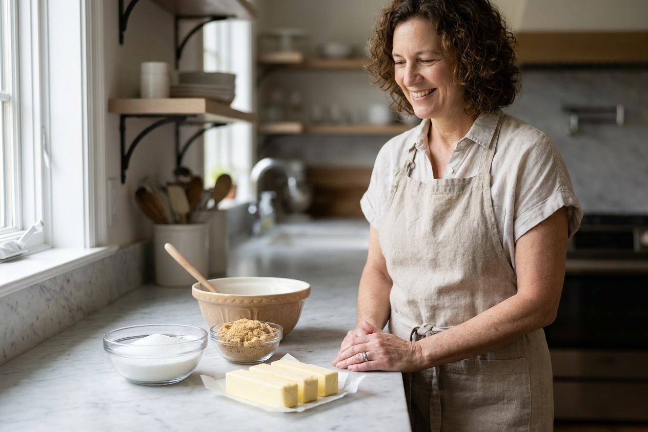 Sticks of butter with bowls of granulated sugar and packed brown sugar set out for baking
