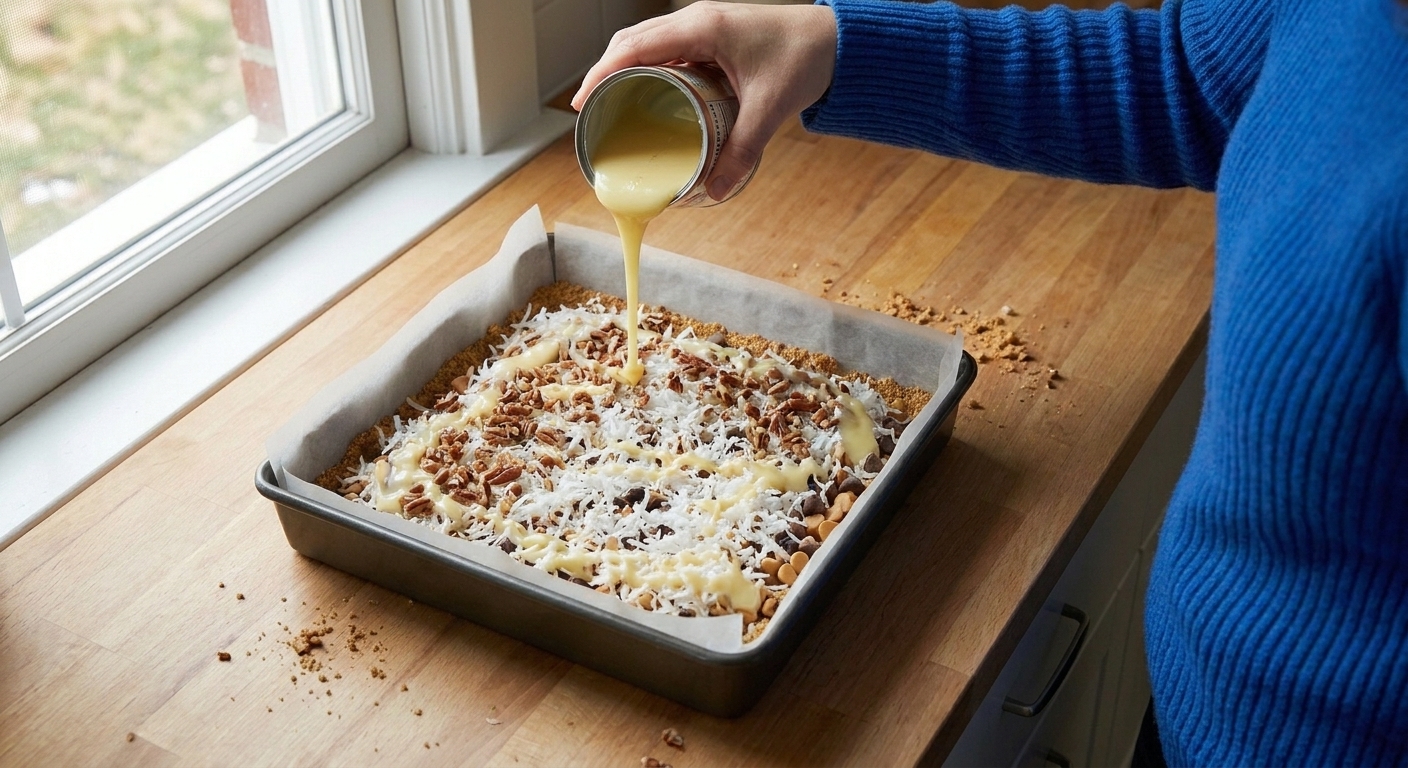 Sweetened condensed milk being poured in thin ribbons over the top of an unbaked 7-layer bar mixture in a 9x13 pan
