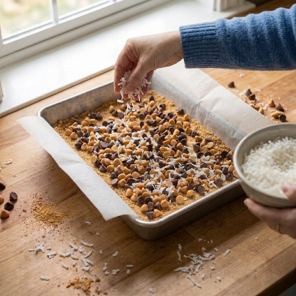 Sweetened shredded coconut being sprinkled in an even layer over chocolate and butterscotch chips in a baking pan