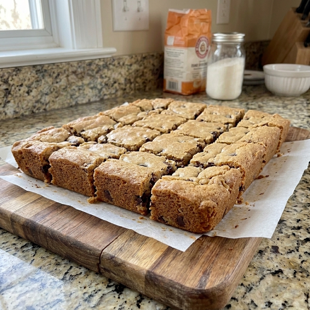 Thick blondie bars sliced into neat squares on parchment paper on a wooden cutting board