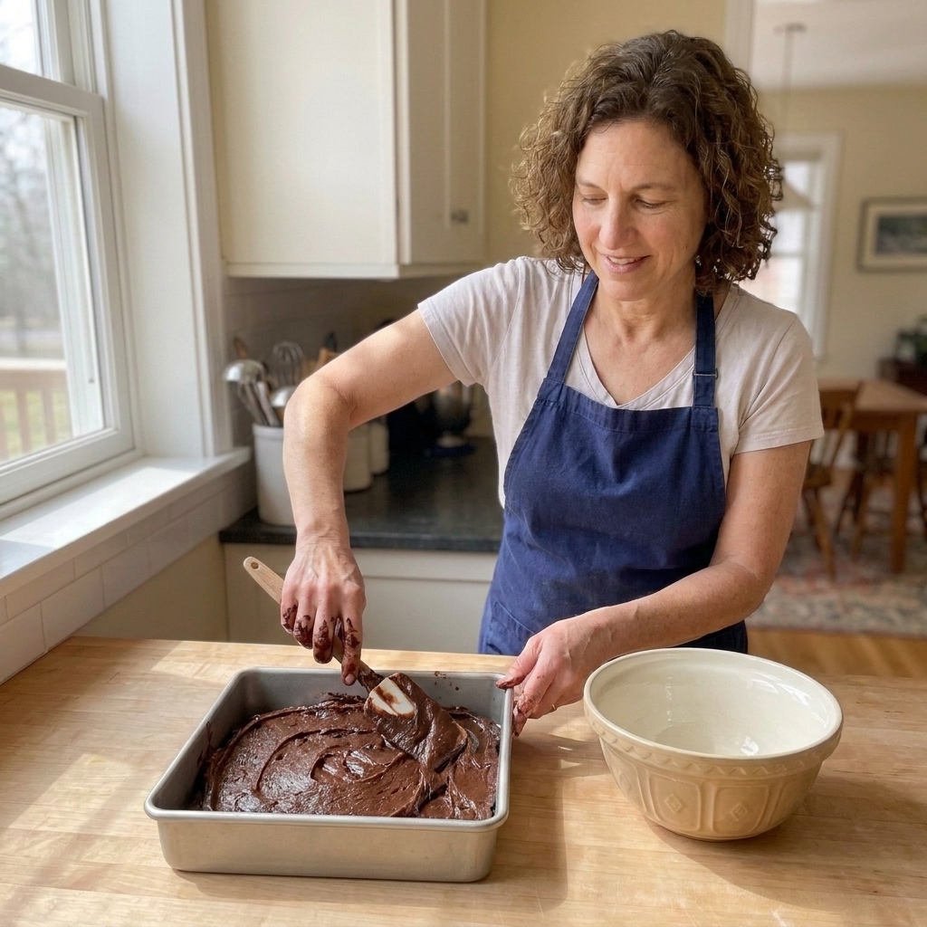 Thick brownie batter being smoothed into a baking pan with a spatula, ready to bake