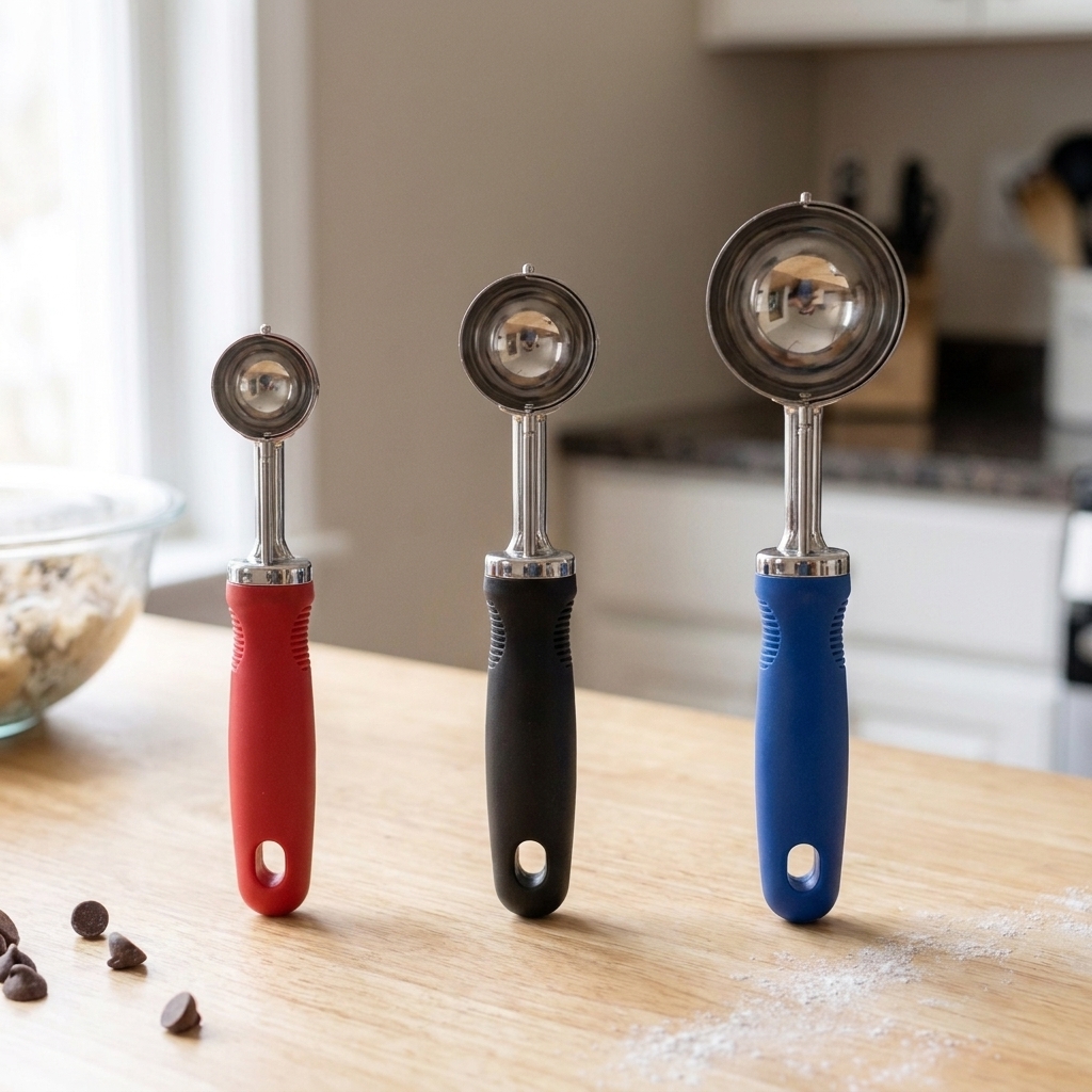 Three different-sized stainless steel cookie scoops with colored handles lined up on a clean kitchen counter