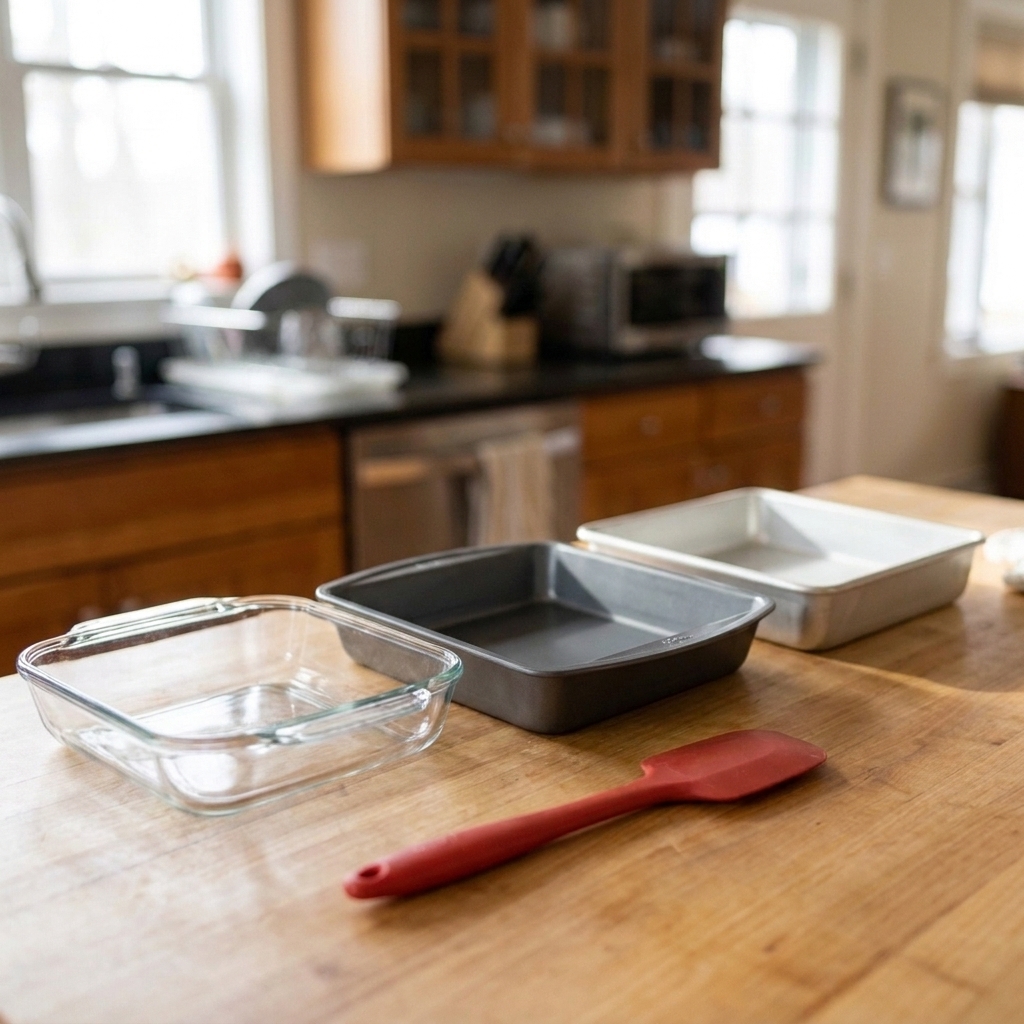 Three empty square baking pans side by side: one clear glass, one dark metal, and one light metal