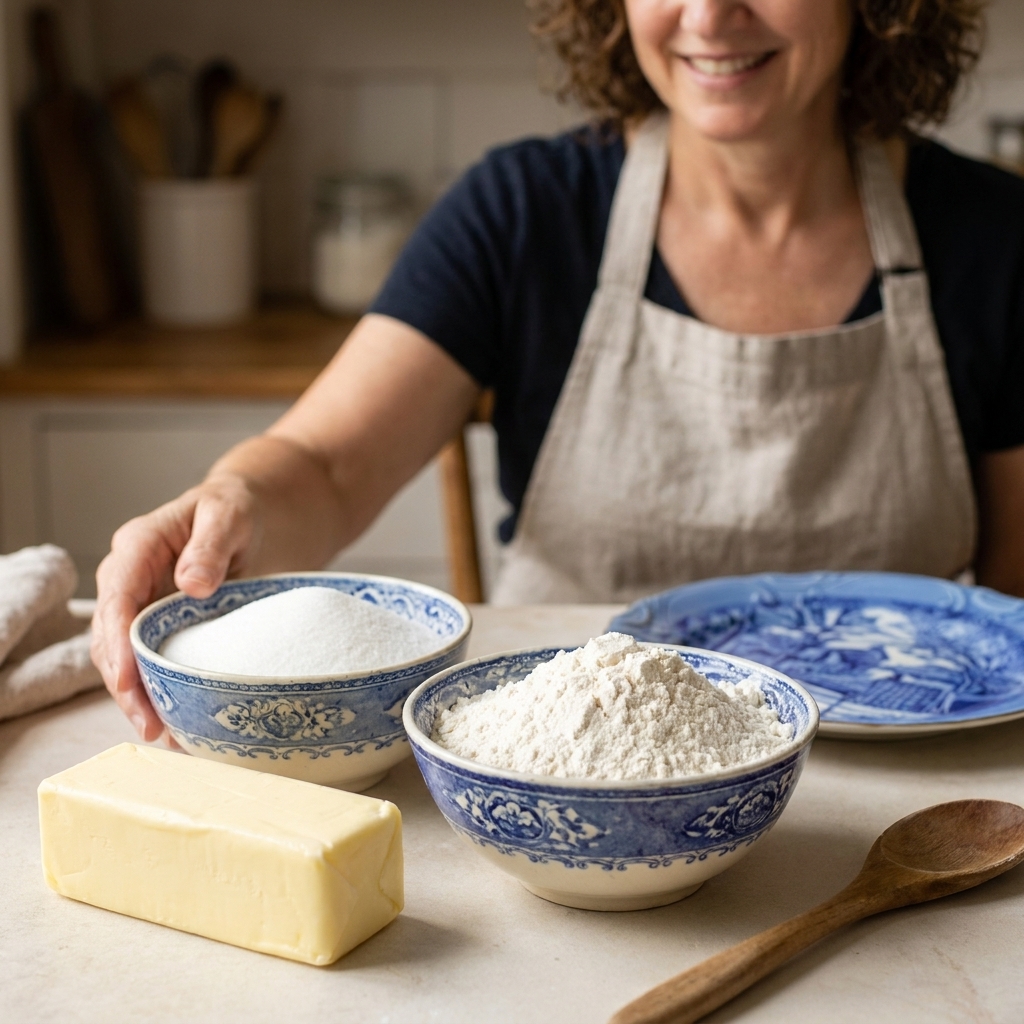 Three shortbread ingredients on a kitchen counter: unsalted butter, a bowl of white sugar, and a bowl of all-purpose flour