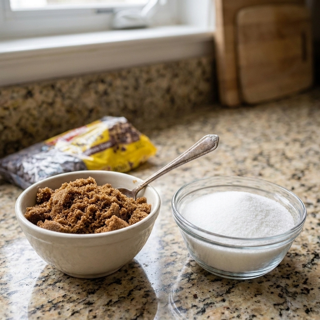 Two small bowls on a counter, one filled with packed brown sugar and one filled with white granulated sugar