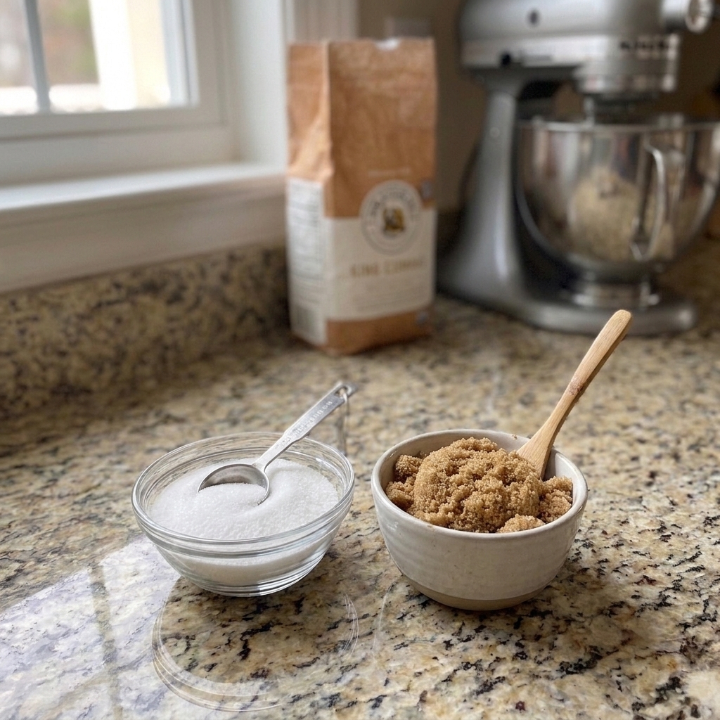 Two small bowls on a kitchen counter, one filled with packed brown sugar and the other with white granulated sugar