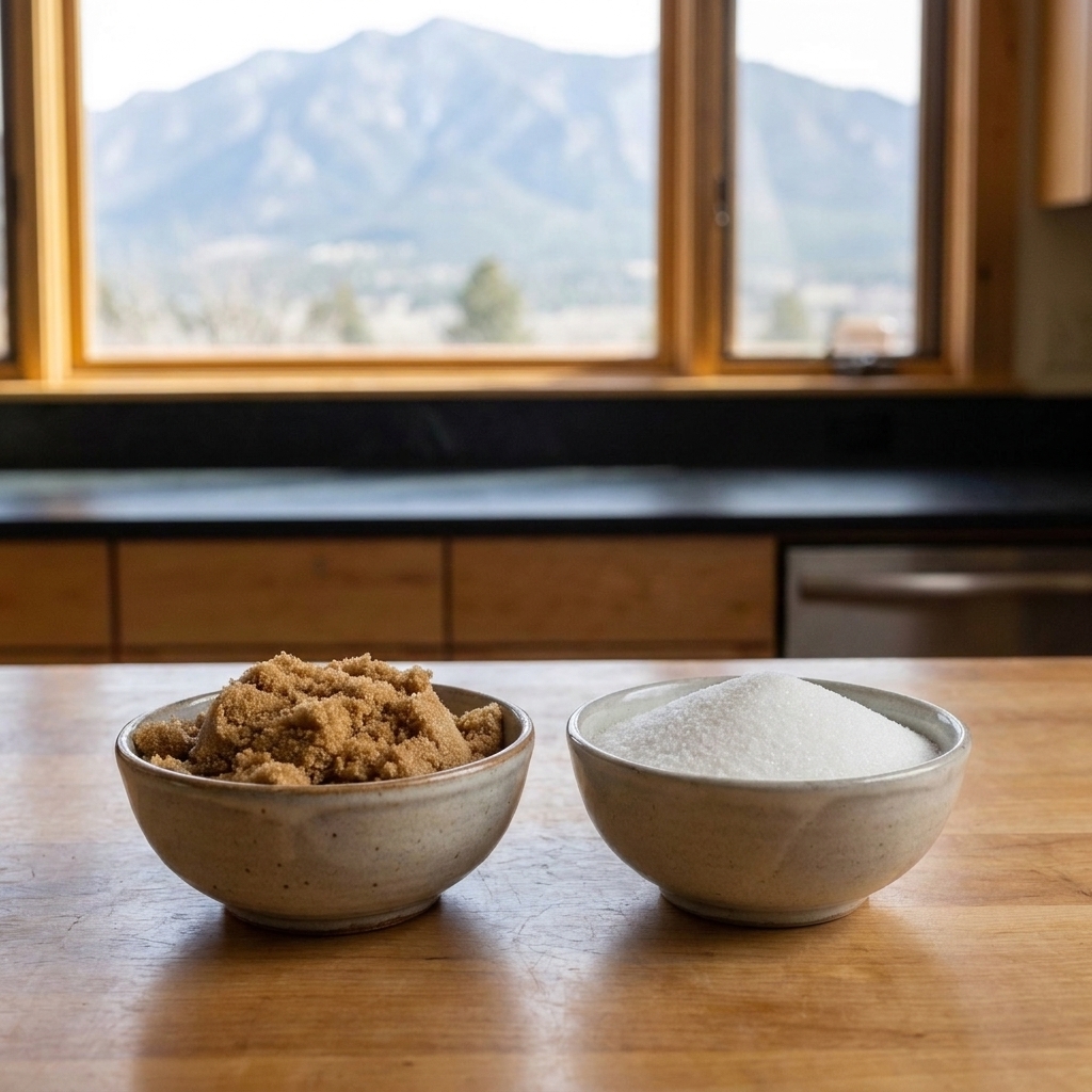 Two small bowls on a kitchen counter, one filled with packed brown sugar and one filled with white granulated sugar