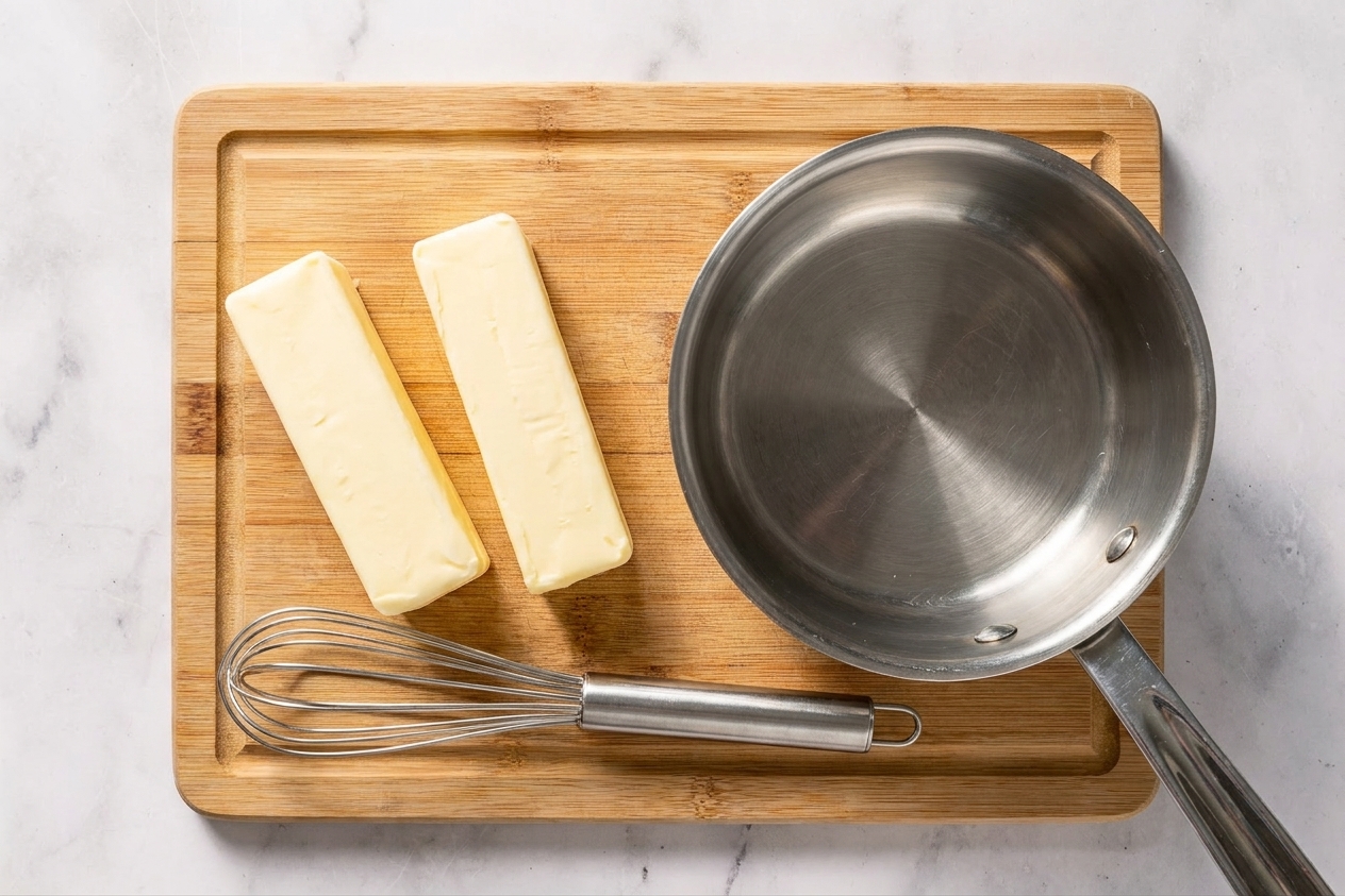 Two sticks of unsalted butter on a wooden cutting board next to a small saucepan and a whisk