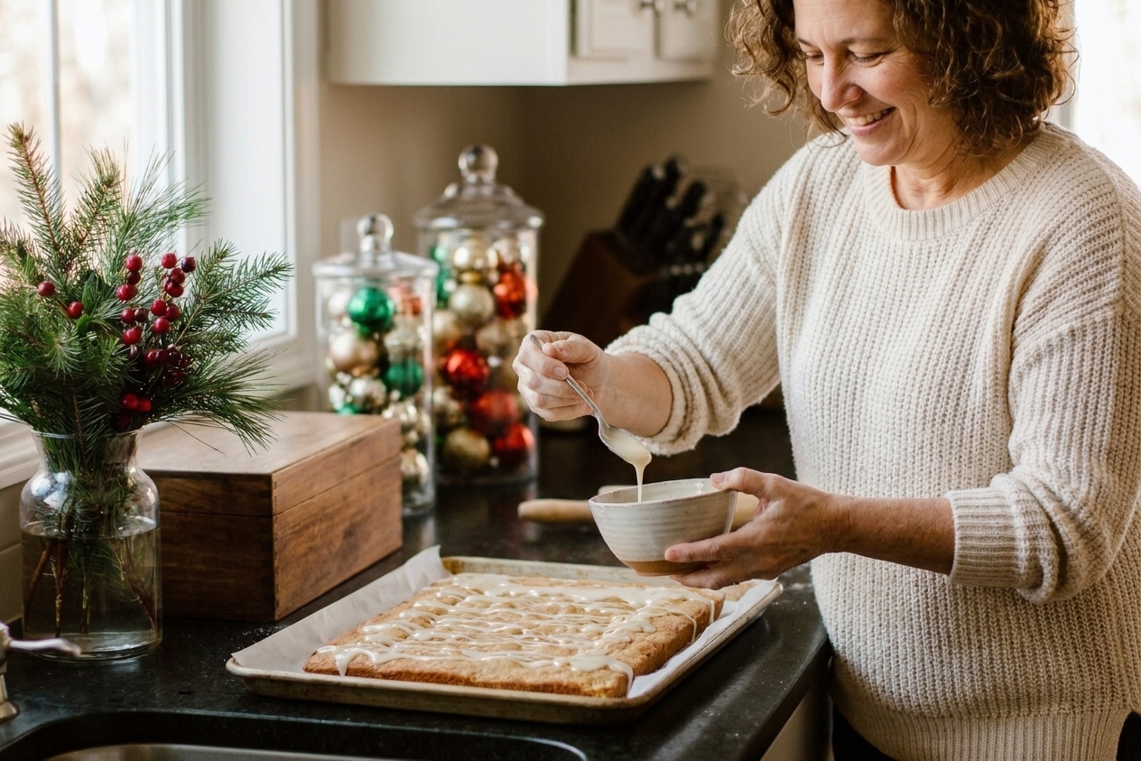 Vanilla glaze being drizzled over freshly baked sugar cookie bars in a parchment-lined pan