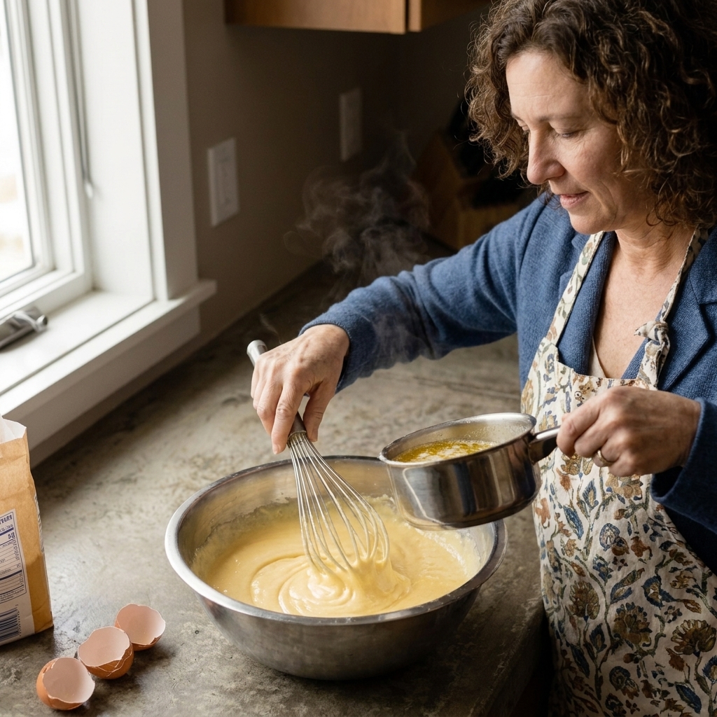 Warm melted butter being poured into a bowl of whipped eggs and sugar while the mixture is stirred, showing glossy batter forming